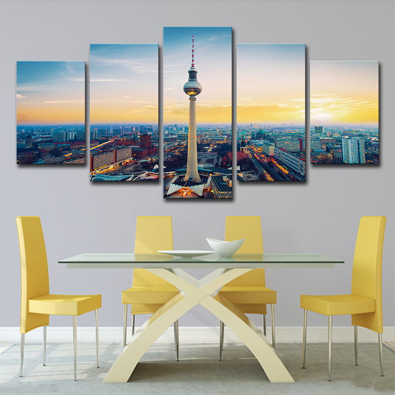 Gelbes Sonnenuntergang Cityscape Canvas Art Berlin TV Tower Global inspiriertes mehrteiliges Wanddekoration