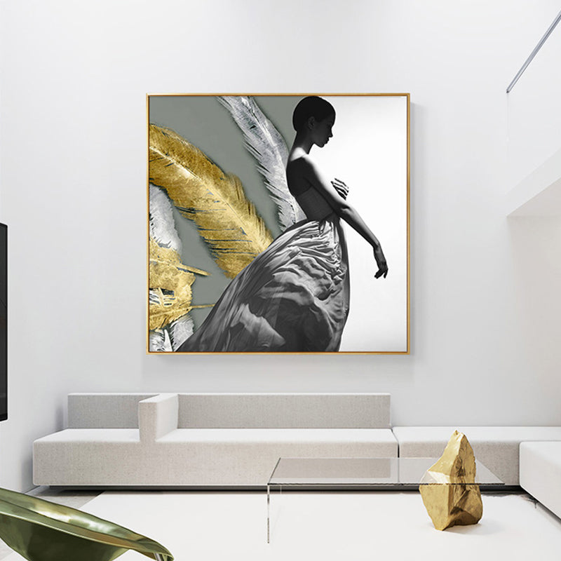 Woman Figure Canvas Modern Style Textured Girls Bedroom Wall Art Print in Dark Color