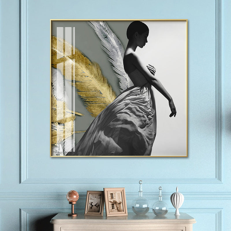 Woman Figure Canvas Modern Style Textured Girls Bedroom Wall Art Print in Dark Color