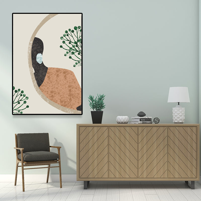 Model and Leaf Wall Art Nordic Textured Canvas Print in Pastel Color for Living Room - Clearhalo - 'Arts' - 'Canvas Art' - 1638859