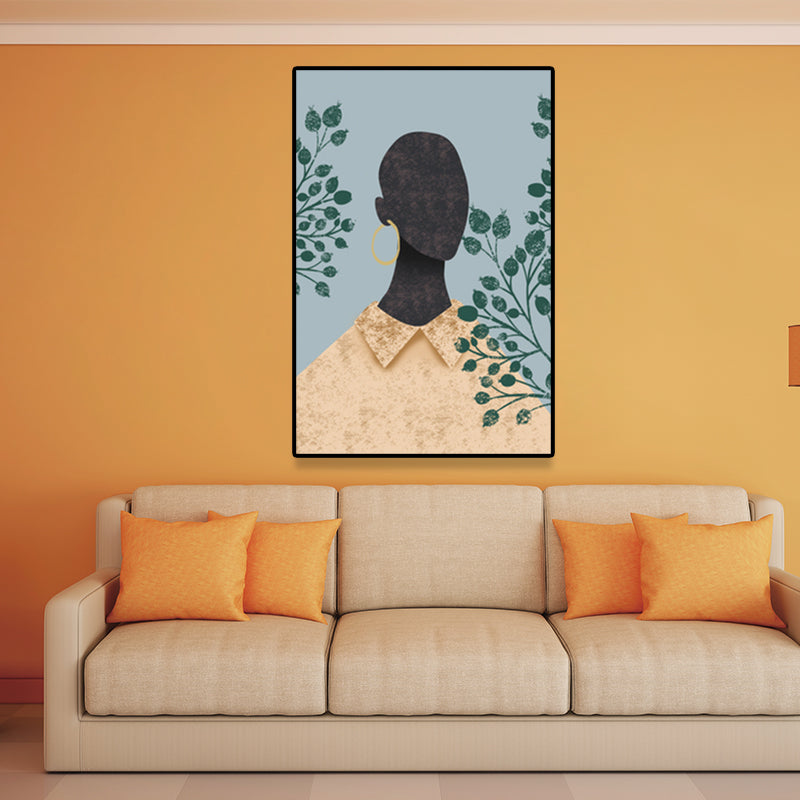 Model and Leaf Wall Art Nordic Textured Canvas Print in Pastel Color for Living Room - Grey - Clearhalo - 'Arts' - 'Canvas Art' - 1638871