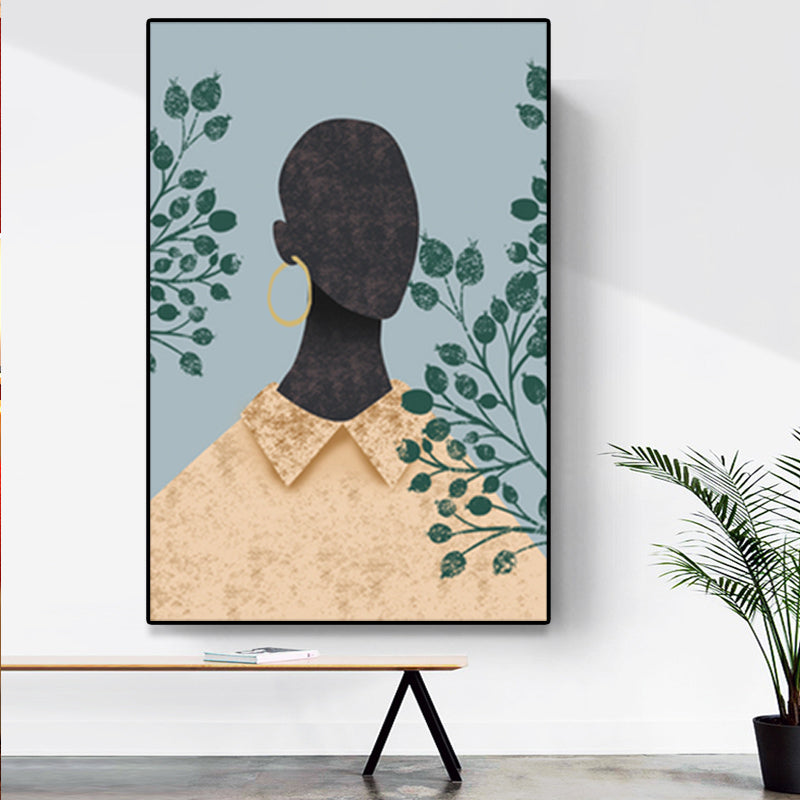 Model and Leaf Wall Art Nordic Textured Canvas Print in Pastel Color for Living Room - Clearhalo - 'Arts' - 'Canvas Art' - 1638873