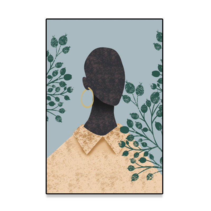 Model and Leaf Wall Art Nordic Textured Canvas Print in Pastel Color for Living Room - Clearhalo - 'Arts' - 'Canvas Art' - 1638874