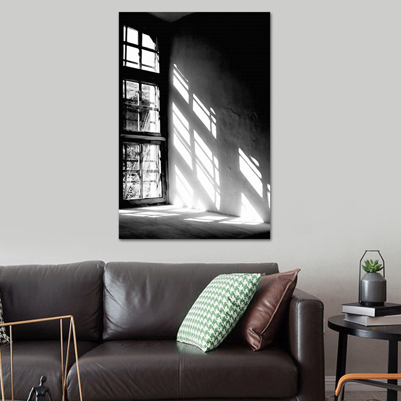 Raam zonlicht canvas print vintage gestructureerde muurkunst print in zwart voor slaapkamer