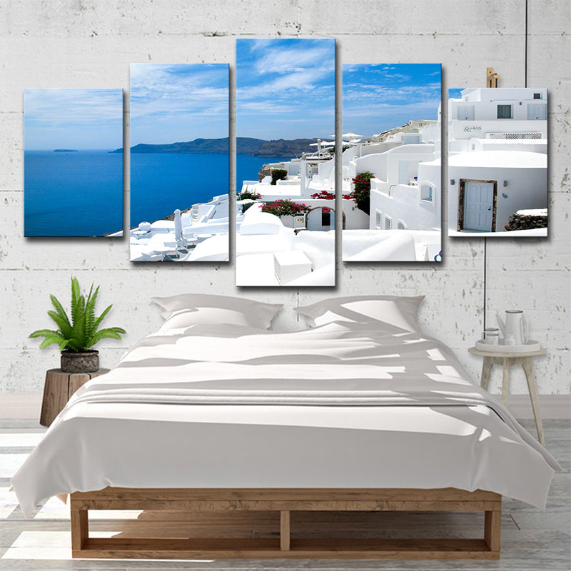 Arte de pared de paisaje marino de inspiración global White and Blue Santorini Island Canvas Señel para dormitorio