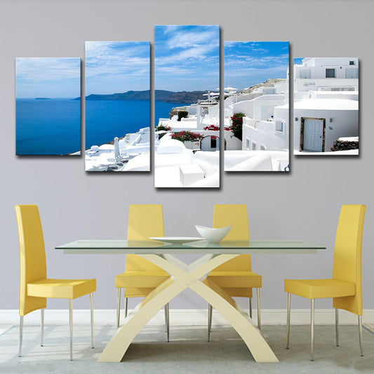 Global Inspired Seascape Wall Art White and Blue Santorini Island Canvas Print for Bedroom