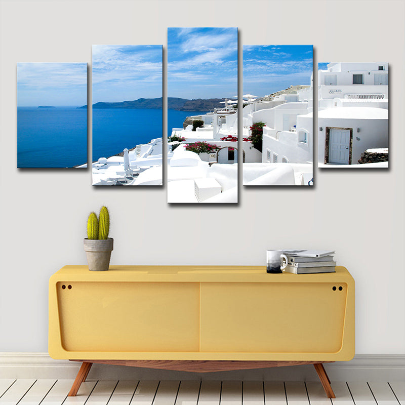 Global inspirierte Seelandschaft Wandkunst Weiß und Blau Santorini Island Canvas Print für Schlafzimmer