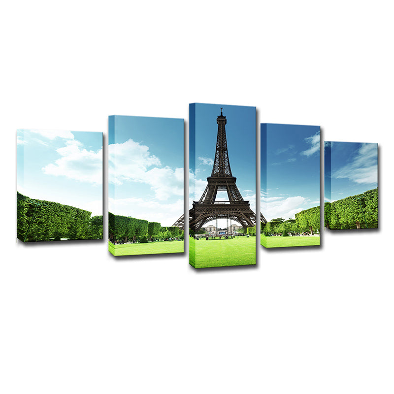 Canvas múltiples impresiones de arte impresa global Vista frontal de la Torre Eiffel y la decoración de la pared de los pastizales
