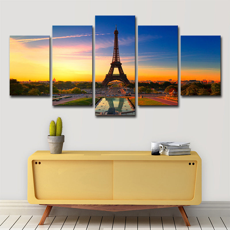 Photography Global Inspired Wall Art with Eiffel Tower and Evening Glow Scenery, Blue - Blue - Clearhalo - 'Arts' - 'Canvas Art' - 1639120