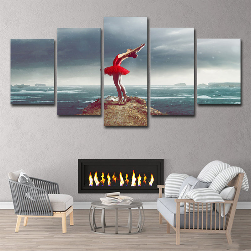 Glam Ballerina Wall Art Blue and Red Ocean Island Scenery Canvas for Living Room