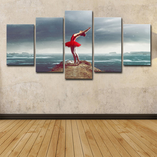 Glam Ballerina Wall Art Blue and Red Ocean Island Scenery Tela per soggiorno