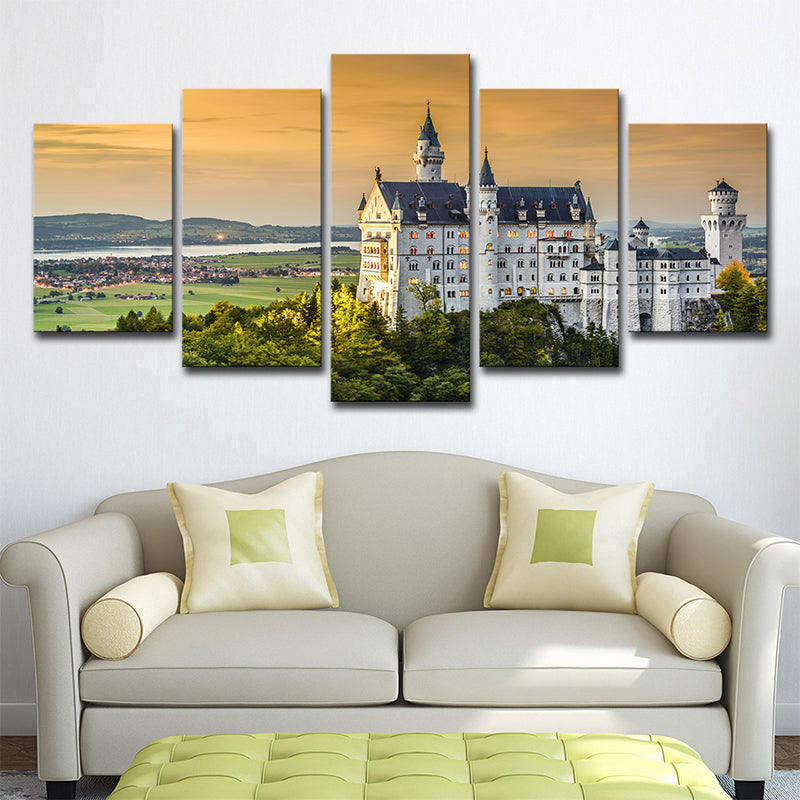 Modern Landmark Wall Art Print Green Schwanstein Castle with Sunset Glow View Canvas - Green - Clearhalo - 'Arts' - 'Canvas Art' - 1639155