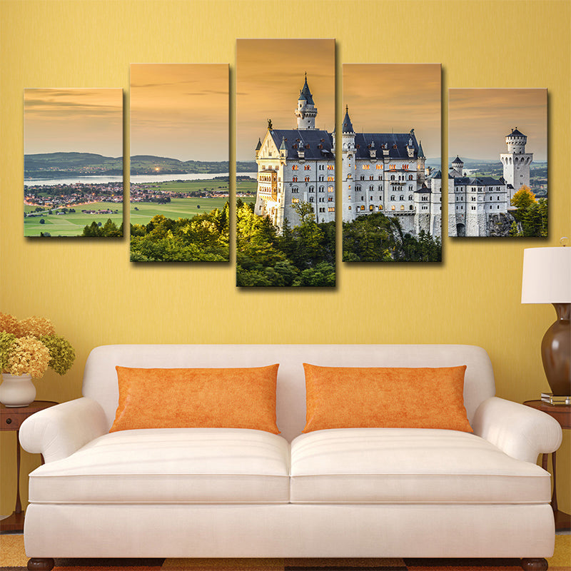 Modern Landmark Wall Art Print Green Schwanstein Castle with Sunset Glow View Canvas - Clearhalo - 'Arts' - 'Canvas Art' - 1639156