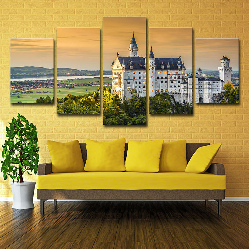 Modern Landmark Wall Art Print Green Schwanstein Castle with Sunset Glow View Canvas - Clearhalo - 'Arts' - 'Canvas Art' - 1639157