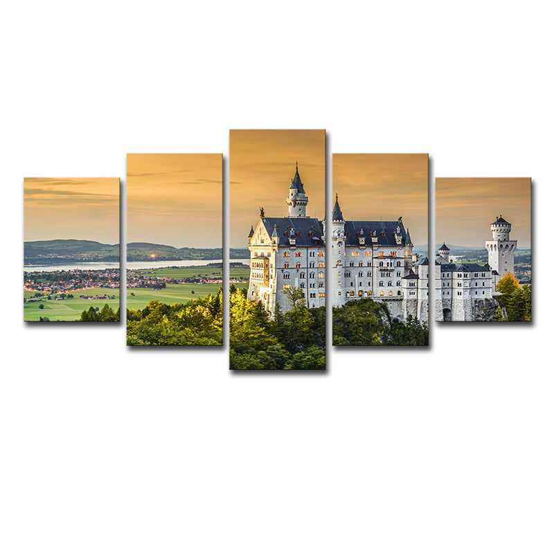 Modern Landmark Wall Art Print Green Schwanstein Castle with Sunset Glow View Canvas - Clearhalo - 'Arts' - 'Canvas Art' - 1639158