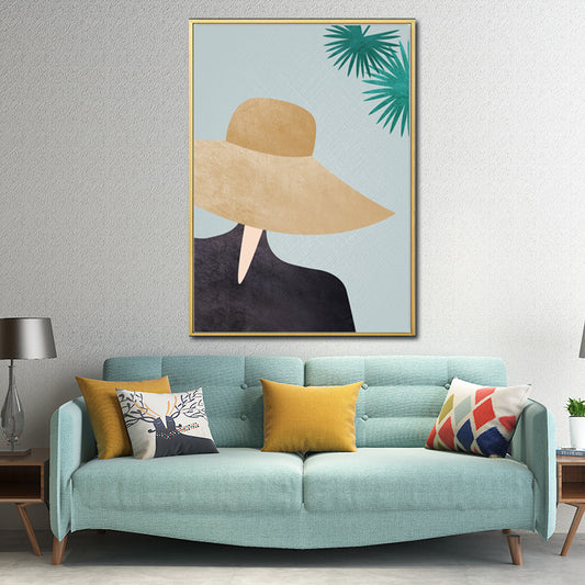 Mujer de lona de estilo nórdico amarillo que usa decoración de pared de sombrero flexible para niñas dormitorio