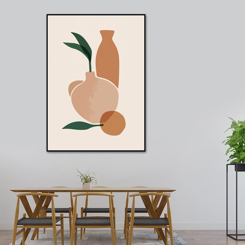 Illustration Still Life Pot Canvas Art for Living Room, Orange and White, Textured