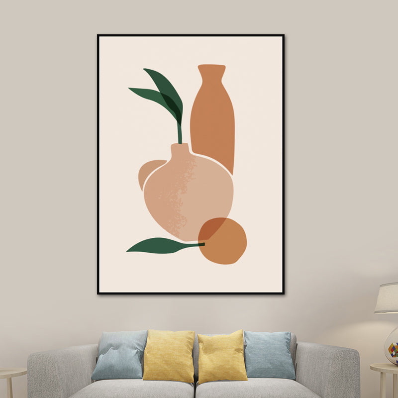 Illustratie stilleven pot canvas kunst voor woonkamer, oranje en wit, gestructureerd