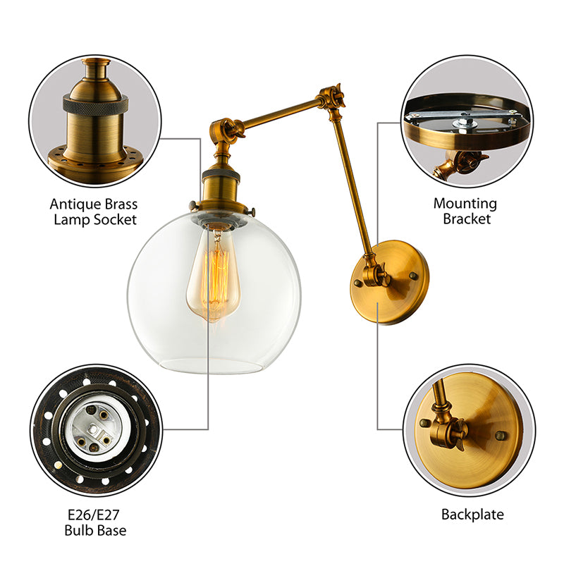 Brass One Light Sconce Light Vintage Clear Glass Spherical Lighting Fixture for Bedroom Clearhalo 'Art deco wall lights' 'Cast Iron' 'Glass' 'Industrial wall lights' 'Industrial' 'Middle century wall lights' 'Modern' 'Rustic wall lights' 'Tiffany' 'Traditional wall lights' 'Wall Lamps & Sconces' 'Wall Lights' Lighting' 163969