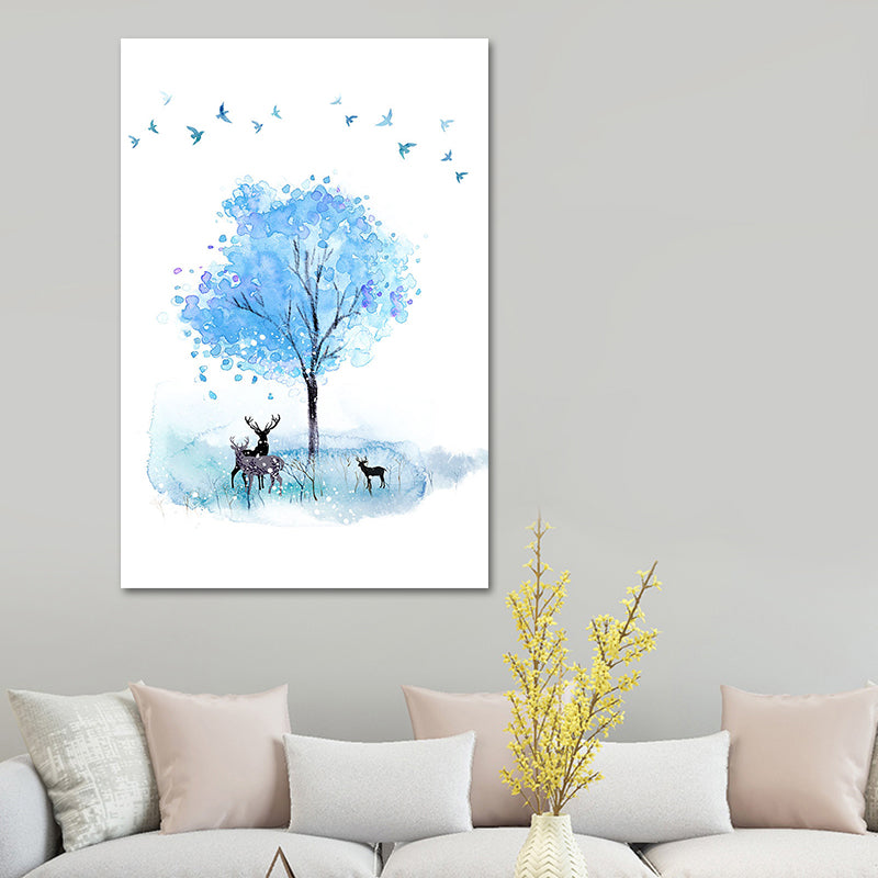 Deer and Tree Watercolor Canvas Print Textured Kids Style Bedroom Wall Art Blue Design 1 Clearhalo 'Art Gallery' 'Canvas Art' 'Kids' Arts' 1639800