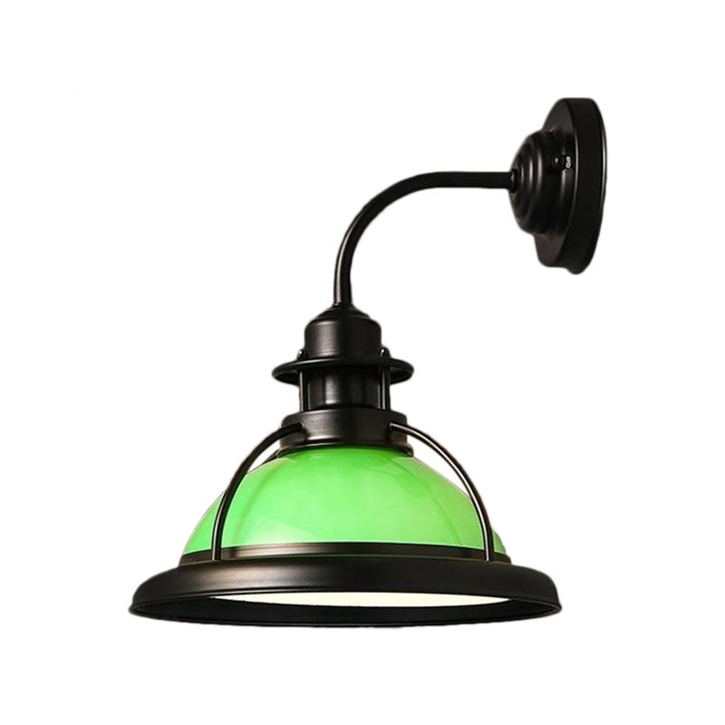 Dome White/Green Glass Wall Mounted Lamp Industrial Single Bulb Bedroom Sconce Light in Black with Curved Arm Green Clearhalo 'Art deco wall lights' 'Cast Iron' 'Glass' 'Industrial wall lights' 'Industrial' 'Middle century wall lights' 'Modern' 'Rustic wall lights' 'Tiffany' 'Traditional wall lights' 'Wall Lamps & Sconces' 'Wall Lights' Lighting' 163997