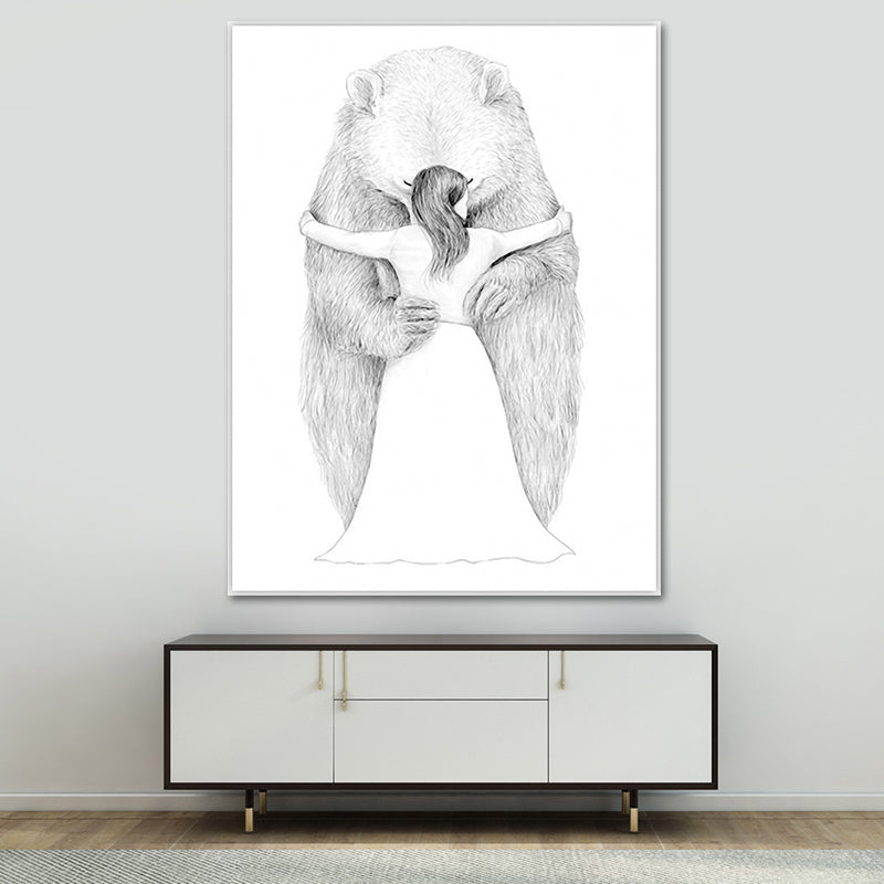 Scandinavian Bear and Girl Painting White Textured Wall Art Decor for Dining Room White Clearhalo 'Arts' 'Canvas Art' 1640094