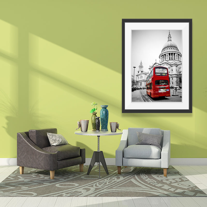 Urban London Street View Canvas Art Pastel Color Decker Bus and Architecture Print Wall Decor Grey Clearhalo 'Art Gallery' 'Canvas Art' 'Contemporary Art Gallery' 'Modern' Arts' 1640122