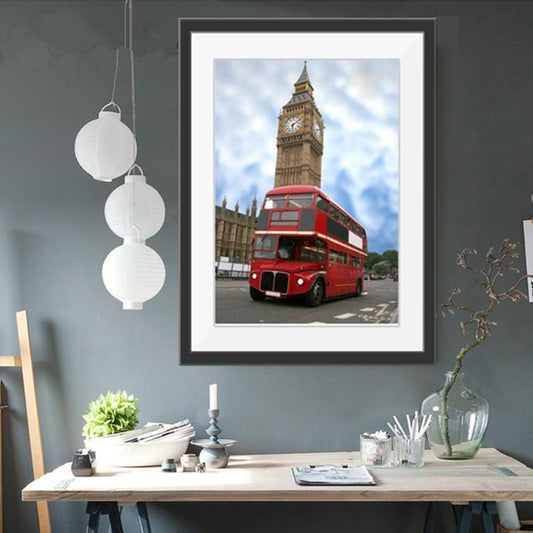 Urban London Street View Canvas Art Pastel Color Decker Bus and Architecture Print Wall Decor Blue Clearhalo 'Art Gallery' 'Canvas Art' 'Contemporary Art Gallery' 'Modern' Arts' 1640129