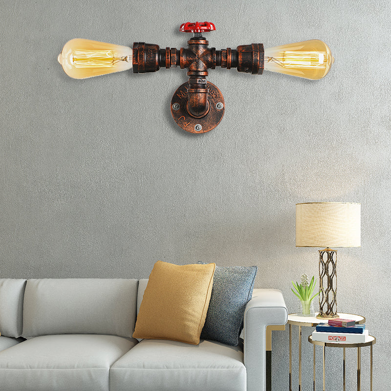 2 Lights Sconce Lighting Warehouse Style Open Bulb Metal Wall Lamp with Water Valve in Dark Rust for Living Room Rust Clearhalo 'Art deco wall lights' 'Cast Iron' 'Glass' 'Industrial wall lights' 'Industrial' 'Middle century wall lights' 'Modern' 'Rustic wall lights' 'Tiffany' 'Traditional wall lights' 'Wall Lamps & Sconces' 'Wall Lights' Lighting' 164013