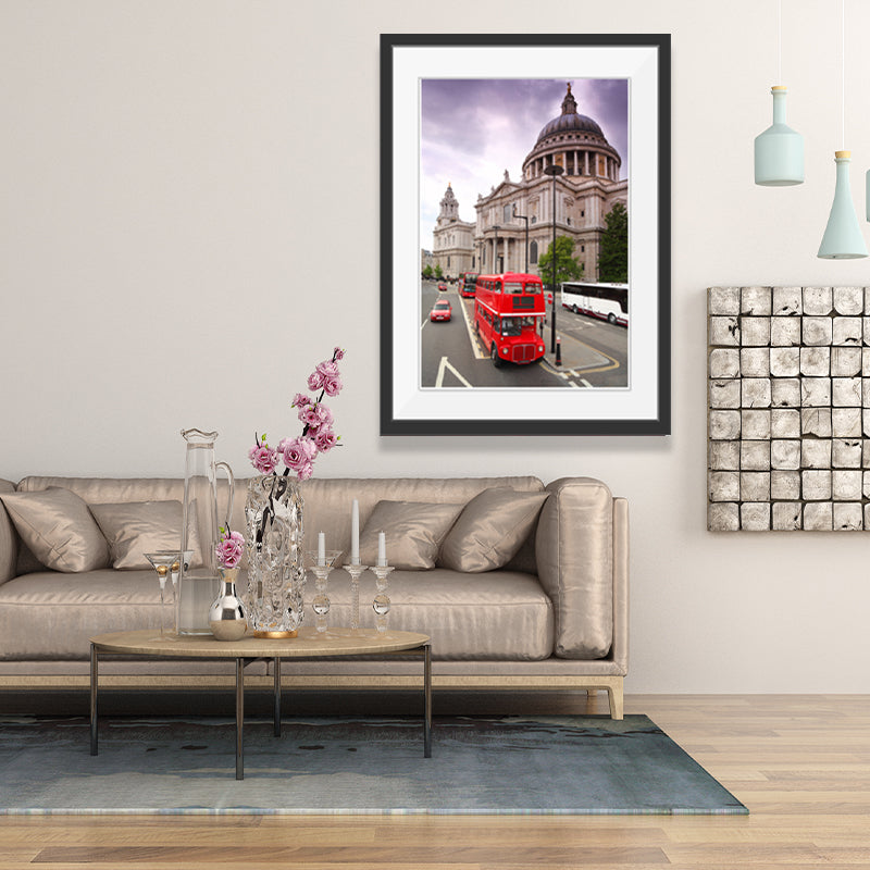 Urban London Street View Canvas Art Pastel Color Decker Bus and Architecture Print Wall Decor Purple Clearhalo 'Art Gallery' 'Canvas Art' 'Contemporary Art Gallery' 'Modern' Arts' 1640136
