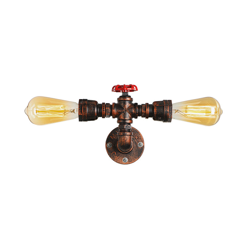 2 Lights Sconce Lighting Warehouse Style Open Bulb Metal Wall Lamp with Water Valve in Dark Rust for Living Room Clearhalo 'Art deco wall lights' 'Cast Iron' 'Glass' 'Industrial wall lights' 'Industrial' 'Middle century wall lights' 'Modern' 'Rustic wall lights' 'Tiffany' 'Traditional wall lights' 'Wall Lamps & Sconces' 'Wall Lights' Lighting' 164015