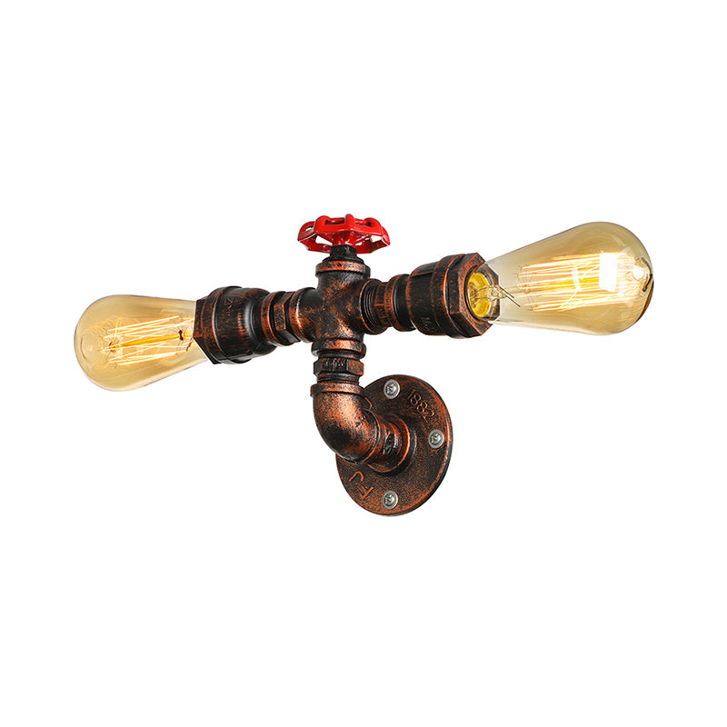 2 Lights Sconce Lighting Warehouse Style Open Bulb Metal Wall Lamp with Water Valve in Dark Rust for Living Room Clearhalo 'Art deco wall lights' 'Cast Iron' 'Glass' 'Industrial wall lights' 'Industrial' 'Middle century wall lights' 'Modern' 'Rustic wall lights' 'Tiffany' 'Traditional wall lights' 'Wall Lamps & Sconces' 'Wall Lights' Lighting' 164016
