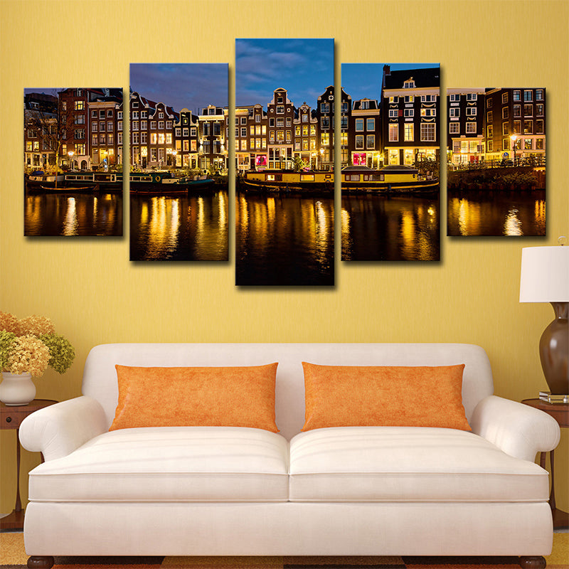 Multi-Piece Night Amsterdam Canal Art Print Canvas Global Inspired Wall Decor for Foyer - Gold - Clearhalo - 'Arts' - 'Canvas Art' - 1640206