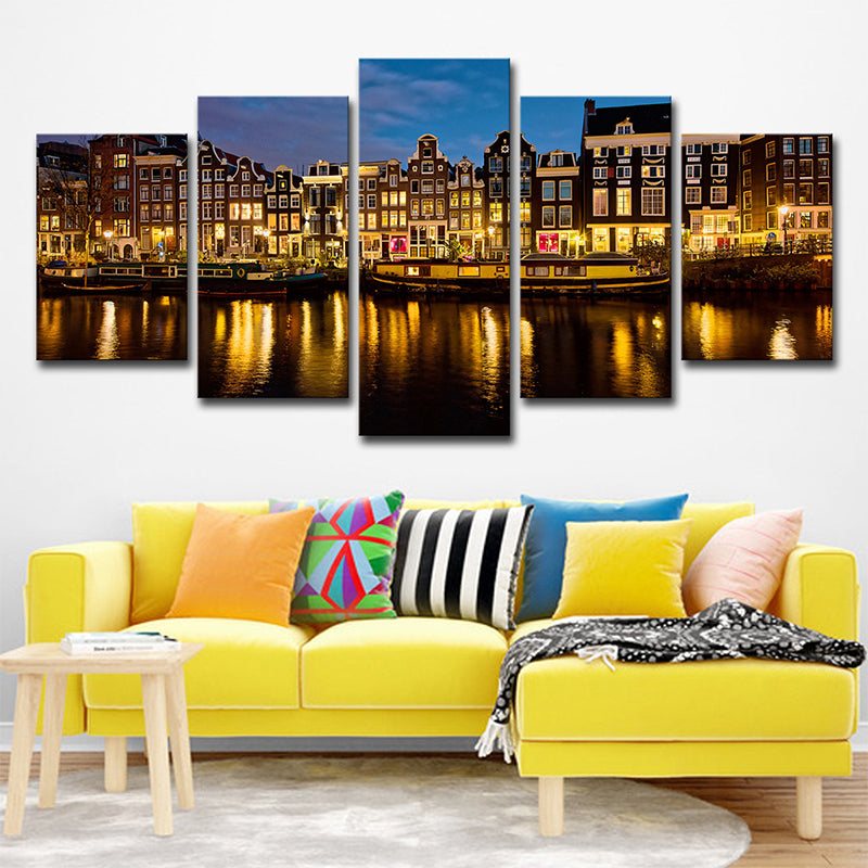 Multi-Piece Night Amsterdam Canal Art Print Canvas Global Inspired Wall Decor for Foyer - Clearhalo - 'Arts' - 'Canvas Art' - 1640208