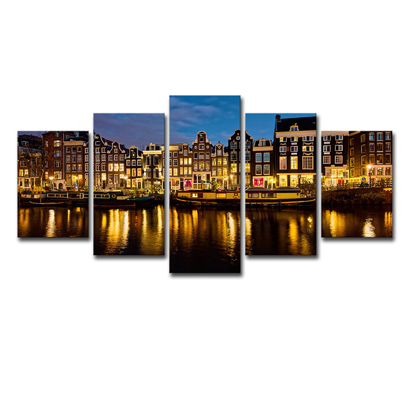 Multi-Piece Night Amsterdam Canal Art Print Canvas Global Inspired Wall Decor for Foyer - Clearhalo - 'Arts' - 'Canvas Art' - 1640209