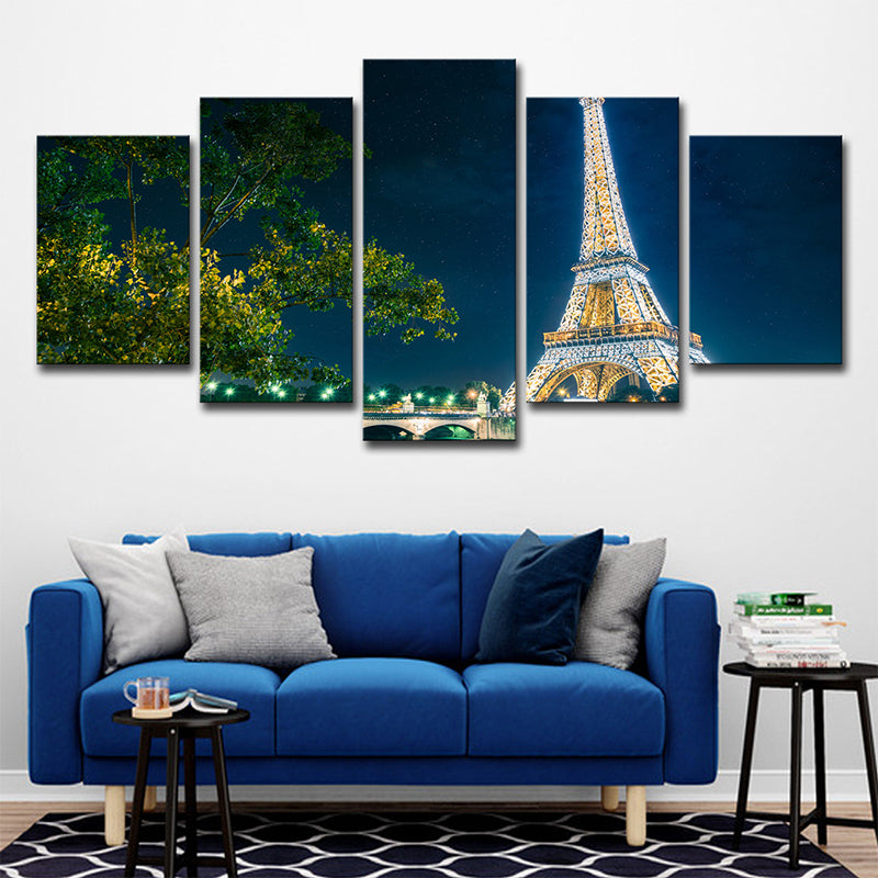 Global inspirierte Leinwand Wall Art Green Tree und Eiffelturm bei Nacht Wanddekor für Zuhause