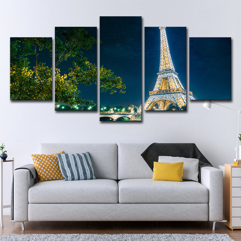 Global inspirierte Leinwand Wall Art Green Tree und Eiffelturm bei Nacht Wanddekor für Zuhause