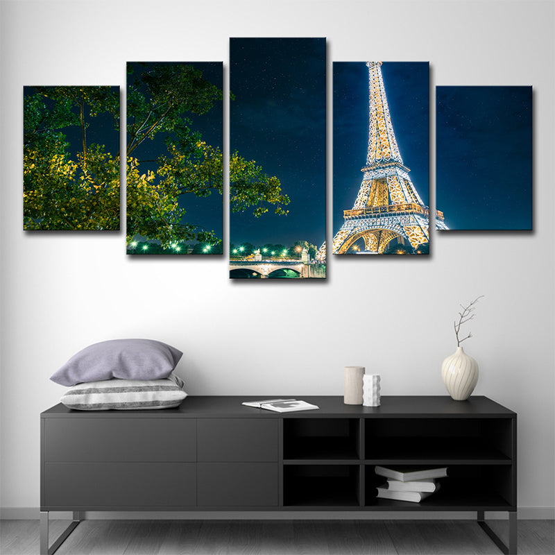 Global inspirierte Leinwand Wall Art Green Tree und Eiffelturm bei Nacht Wanddekor für Zuhause