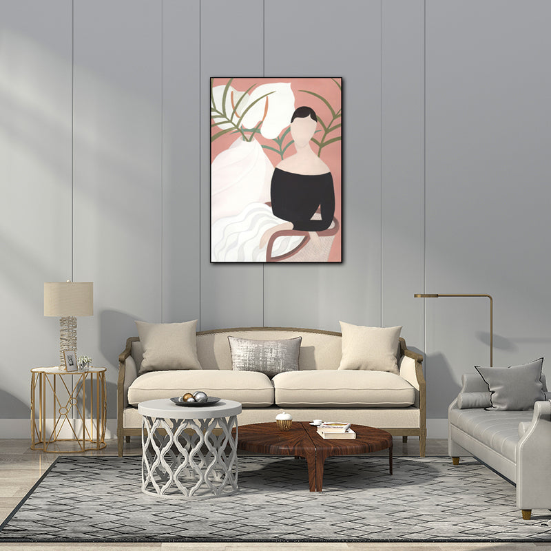 Modern Girl Portrait Painting Light-Color Bedroom Wall Art, Textured Surface - Pink - Clearhalo - 'Arts' - 'Canvas Art' - 1640220