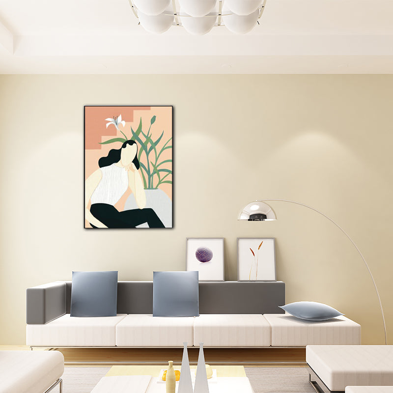 Modern Girl Portrait Painting Light-Color Bedroom Wall Art, Textured Surface - Orange - Clearhalo - 'Arts' - 'Canvas Art' - 1640227