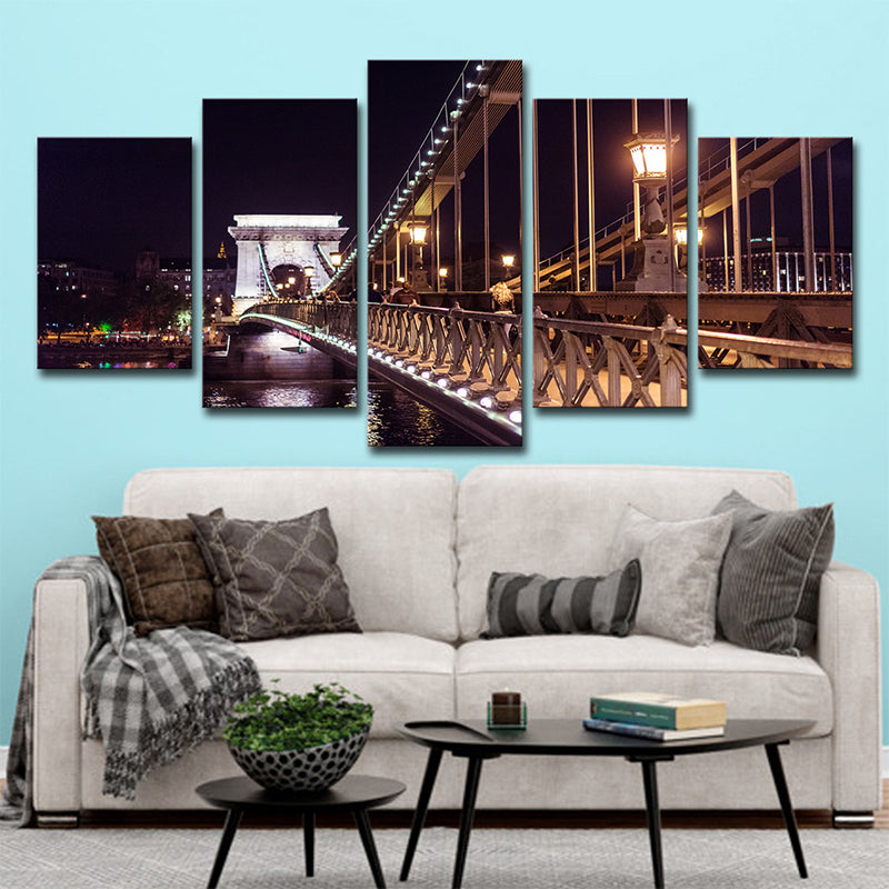 Black Szechenyi Chain Bridge Canvas Art Night Scenery Modern Multi-Piece Wall Decor - Black - Clearhalo - 'Arts' - 'Canvas Art' - 1640263