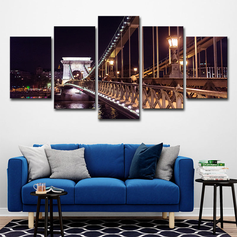 Black Szechenyi Chain Bridge Canvas Art Night Scenery Modern Multi-Piece Wall Decor - Clearhalo - 'Arts' - 'Canvas Art' - 1640265