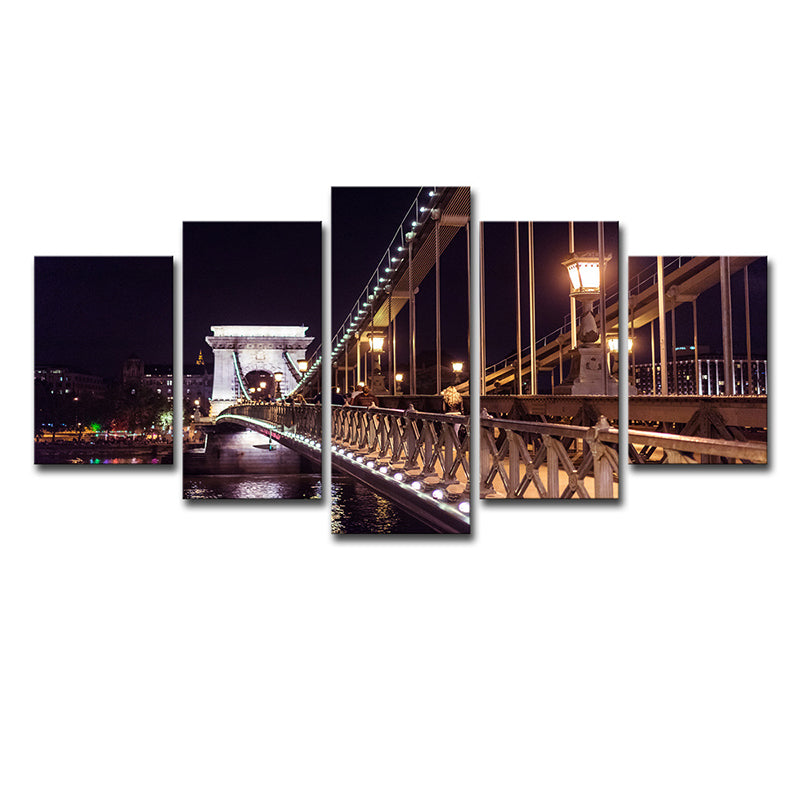 Black Szechenyi Chain Bridge Canvas Art Night Scenery Modern Multi-Piece Wall Decor - Clearhalo - 'Arts' - 'Canvas Art' - 1640266