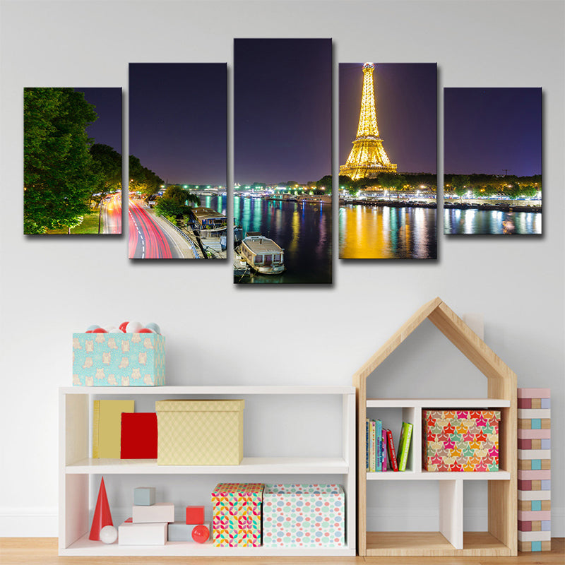 Canvas Green Wall Decor Global Ispirato Riverside Eiffel Tower Night Scene Print d'arte