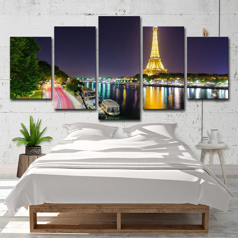 Canvas Green Wall Decor Global Ispirato Riverside Eiffel Tower Night Scene Print d'arte