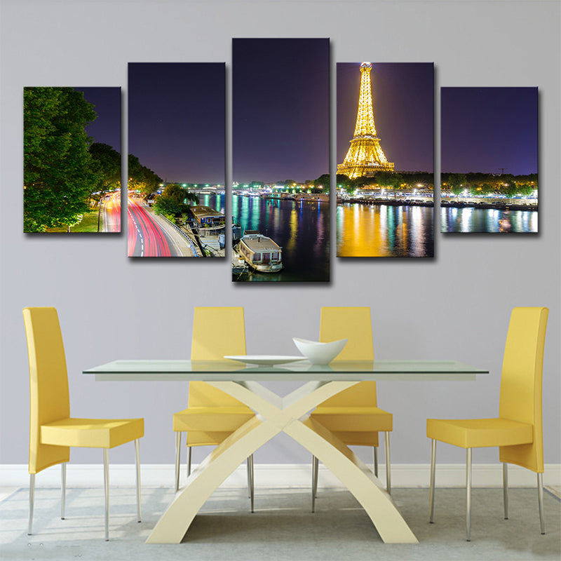 Canvas Green Wall Decor Global Ispirato Riverside Eiffel Tower Night Scene Print d'arte