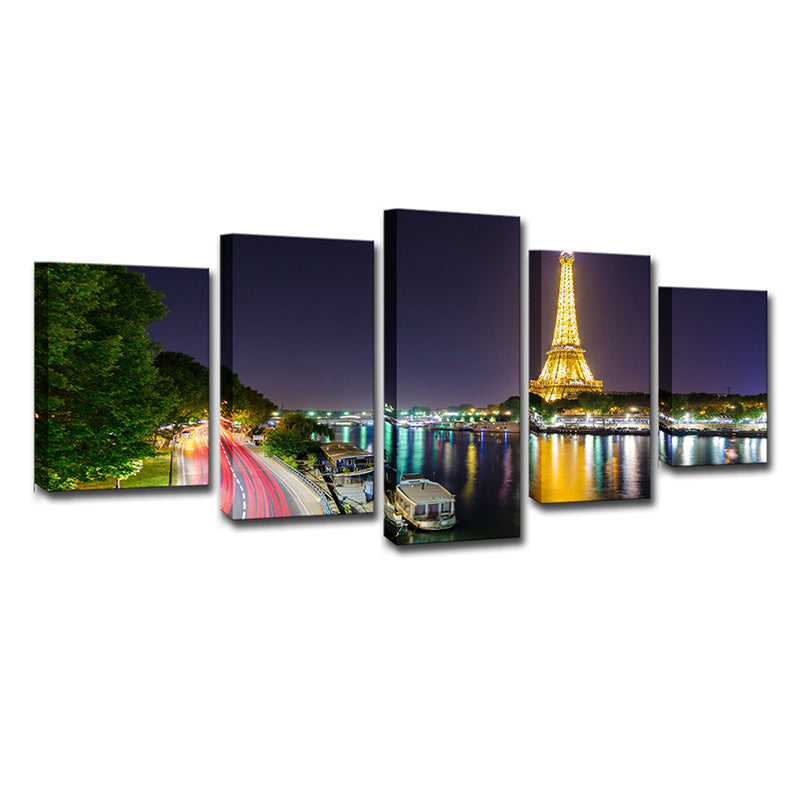 Canvas Green Wall Decor Global Ispirato Riverside Eiffel Tower Night Scene Print d'arte