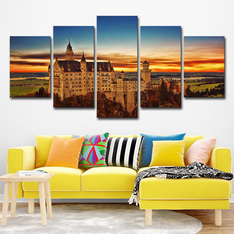 Schwanstein Castle Sunset Landscape Art Print Global Inspired Canvas Wall Decor in Orange Orange Clearhalo 'Arts' 'Canvas Art' 1640284