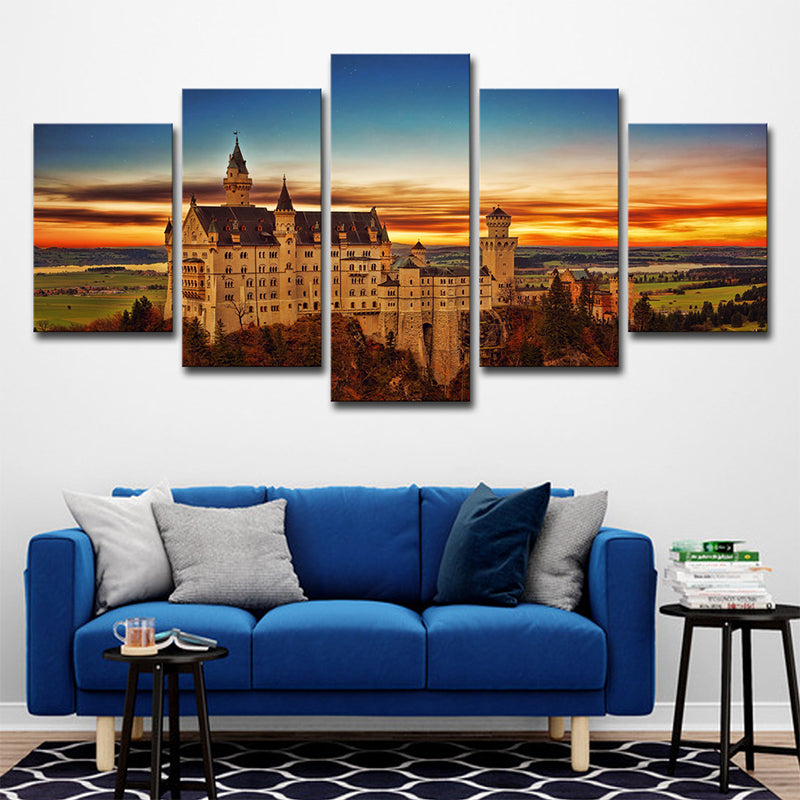 Schwanstein Castle Sunset Landscape Art Print Global Inspired Canvas Wall Decor in Orange Clearhalo 'Arts' 'Canvas Art' 1640285