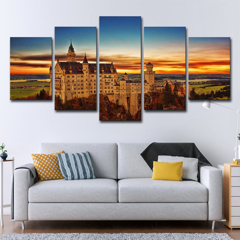 Schwanstein Castle Sunset Landscape Art Print Global Inspired Canvas Wall Decor in Orange Clearhalo 'Arts' 'Canvas Art' 1640286